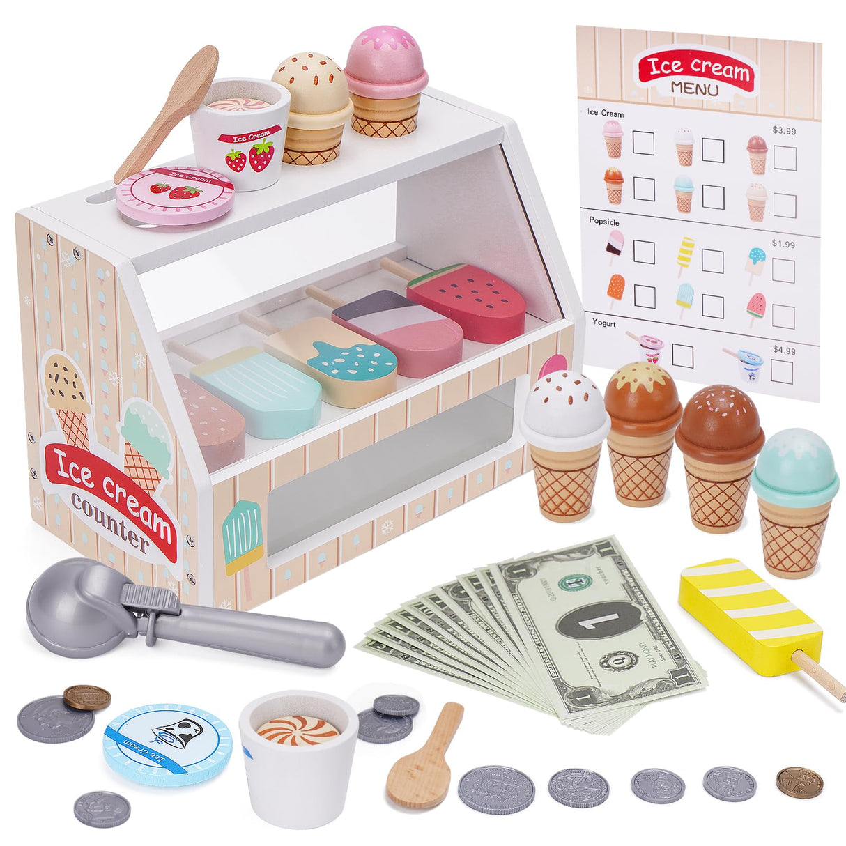 Wooden Ice Cream Counter Playset for Kids, Toddler Girl Toys Kitchen Playset Pretend Play Gifts for 3 4 5 6 Year Old Girl or Boy, Play Food Scoop and Serve, Play Kitchen Sets for Kids Ages 4-8 Melofaver