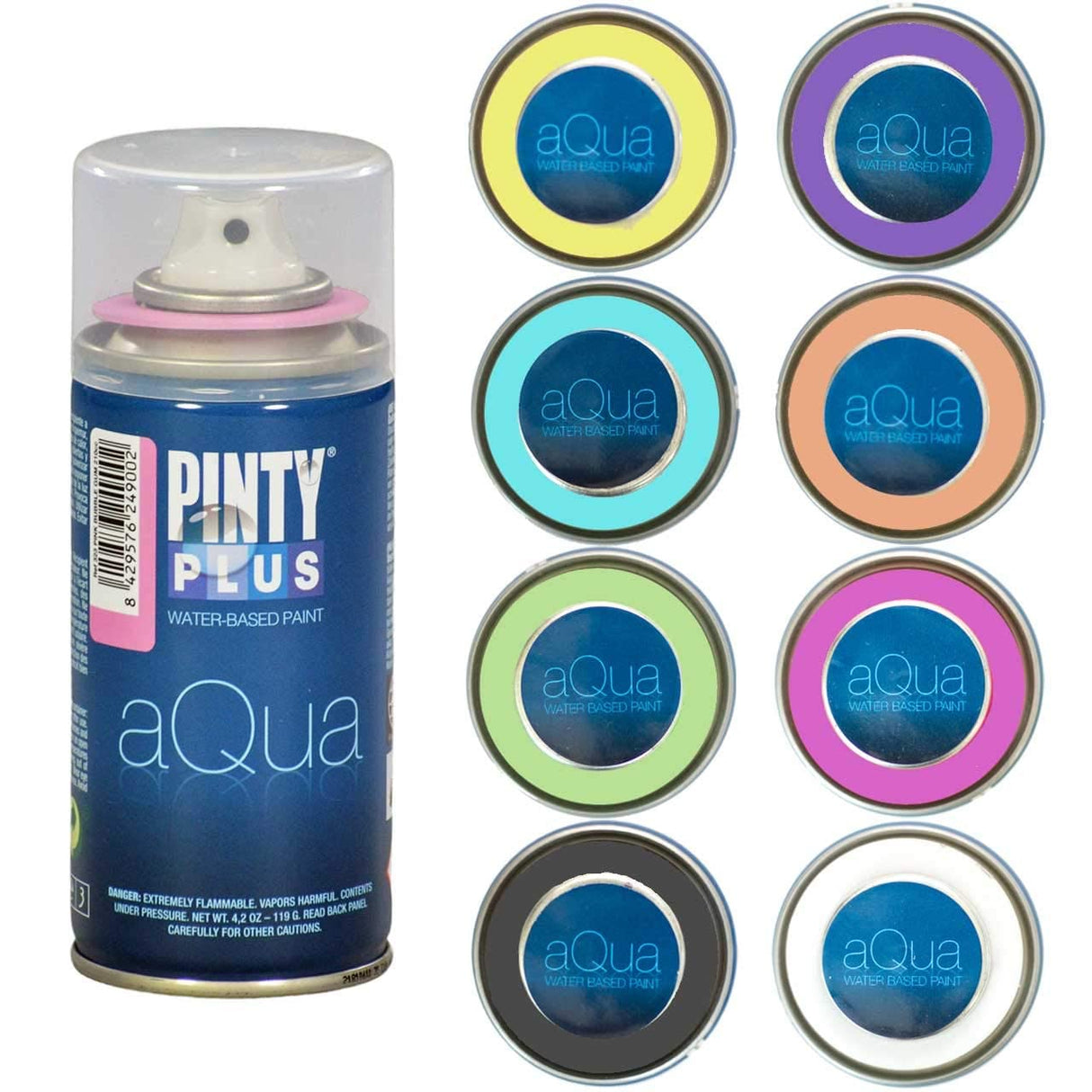 Spray Paint for Arts & Crafts, Water Based Pintyplus Aqua Mini, 4.2oz cans, 8 Piece Pastel Artist Set, Pink Bubble Gum, Light Orange, Yellow Chick, Apple Green, Ice Blue, Lavanda Violet, Black King, White Lady PINTY PLUS