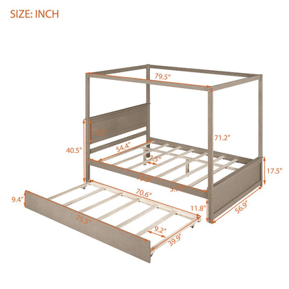 Bellemave Full Canopy Bed with Trundle, 4-Post Wood Canopy Platform Bed Frame with Headboard, No Box Spring Needed (Full Size, Brushed Light Brown)