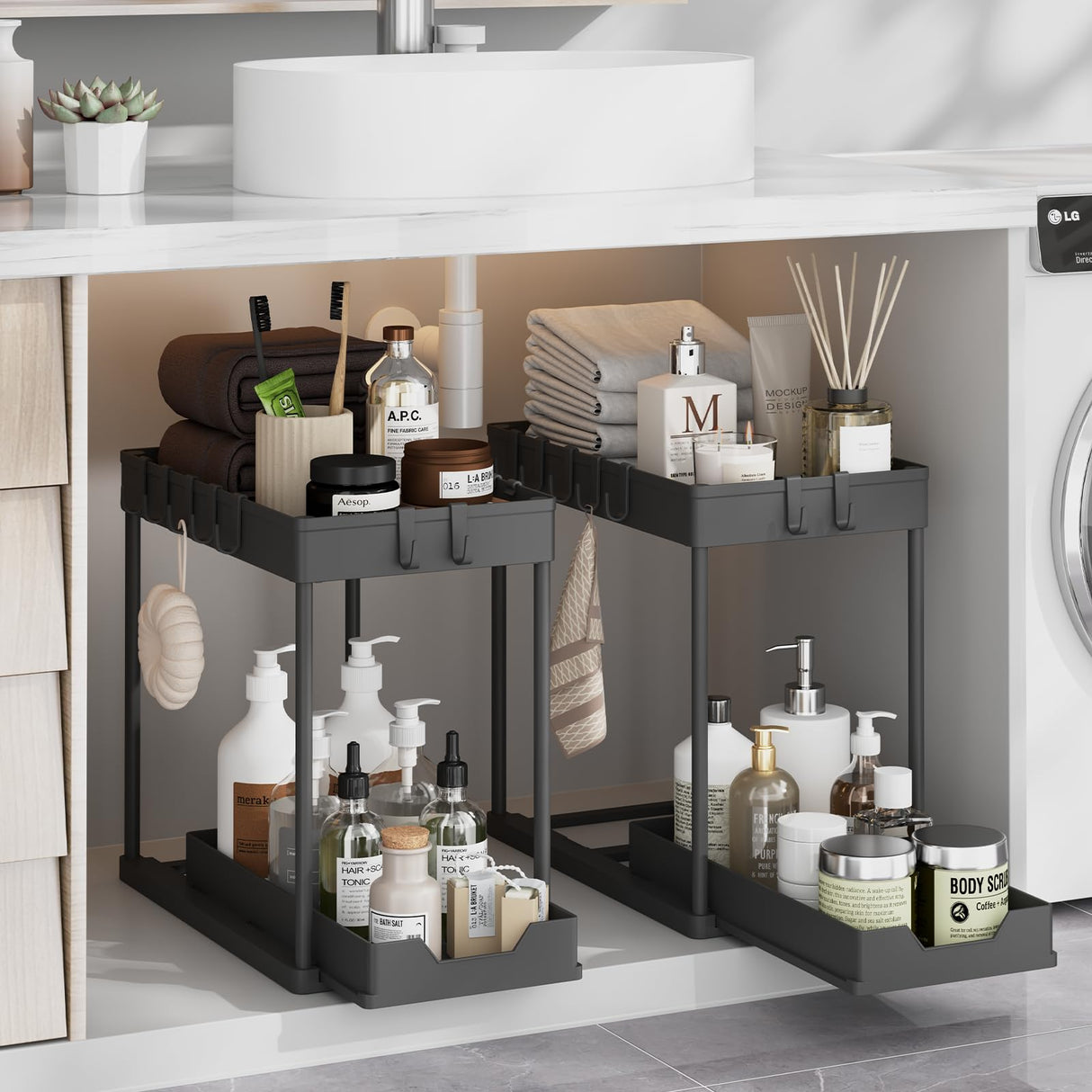 Meltrck Under Sink Organizer 2 Pack,Bathroom Under Cabinet Storage with Pull Out Sliding Drawers for Kitchen Organization,12.8 Inch,Black Meltrck