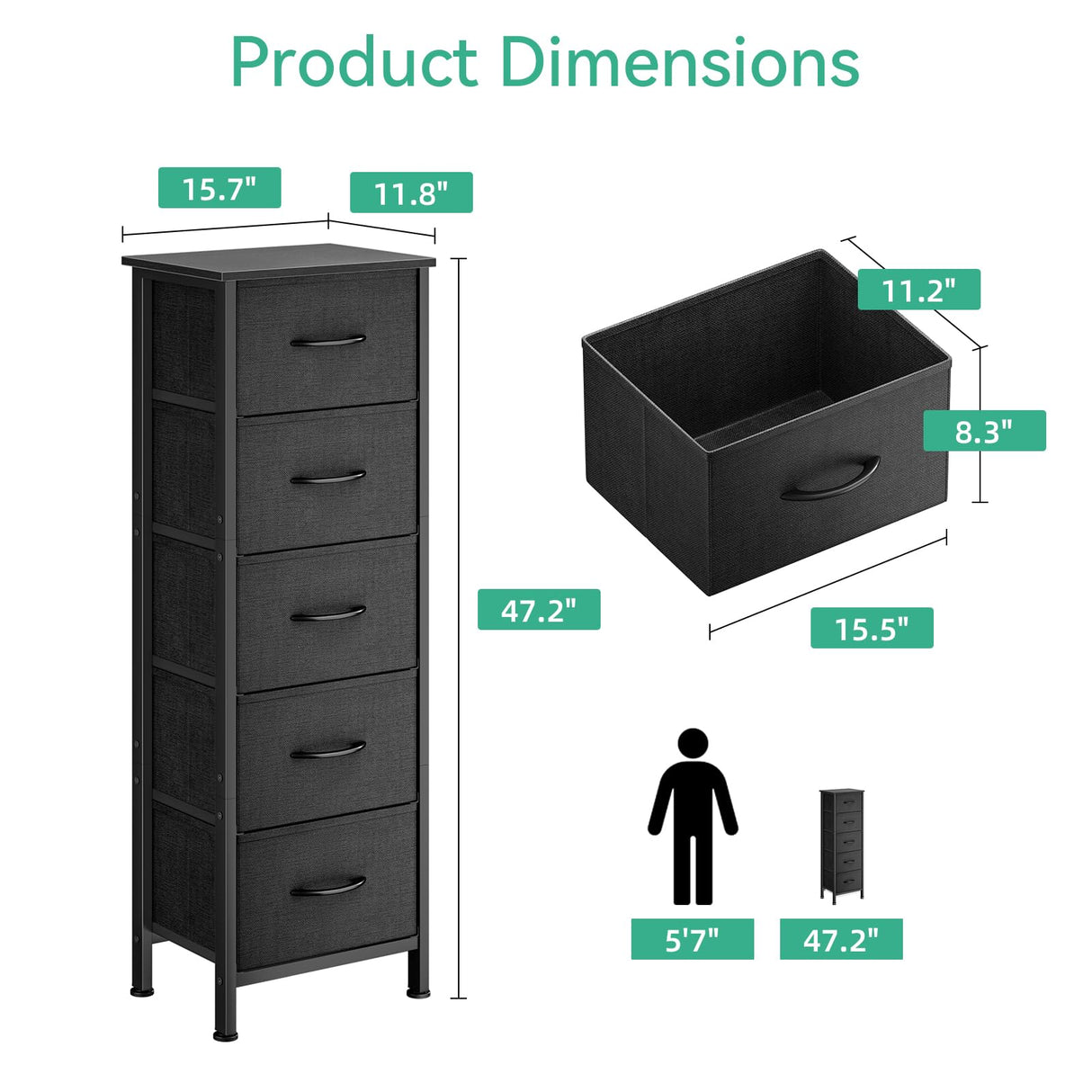 AODK Dresser for Bedroom with 5 Storage Drawers, 48" Tall Dresser Chest of Drawers Fabric Dresser with Sturdy Steel Frame, Black AODK