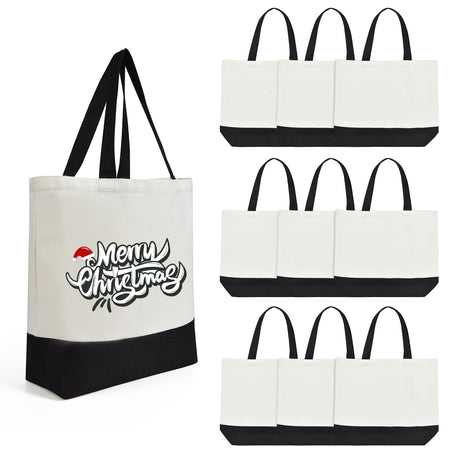 Wovasco Sublimation Tote Bags Blanks Bulk, Black Polyester Tote bags for Sublimation, Reusable Widened Washable Canvas Bags for Decorating and DIY Craft, Natural Linen, 10PCS Black Wovasco