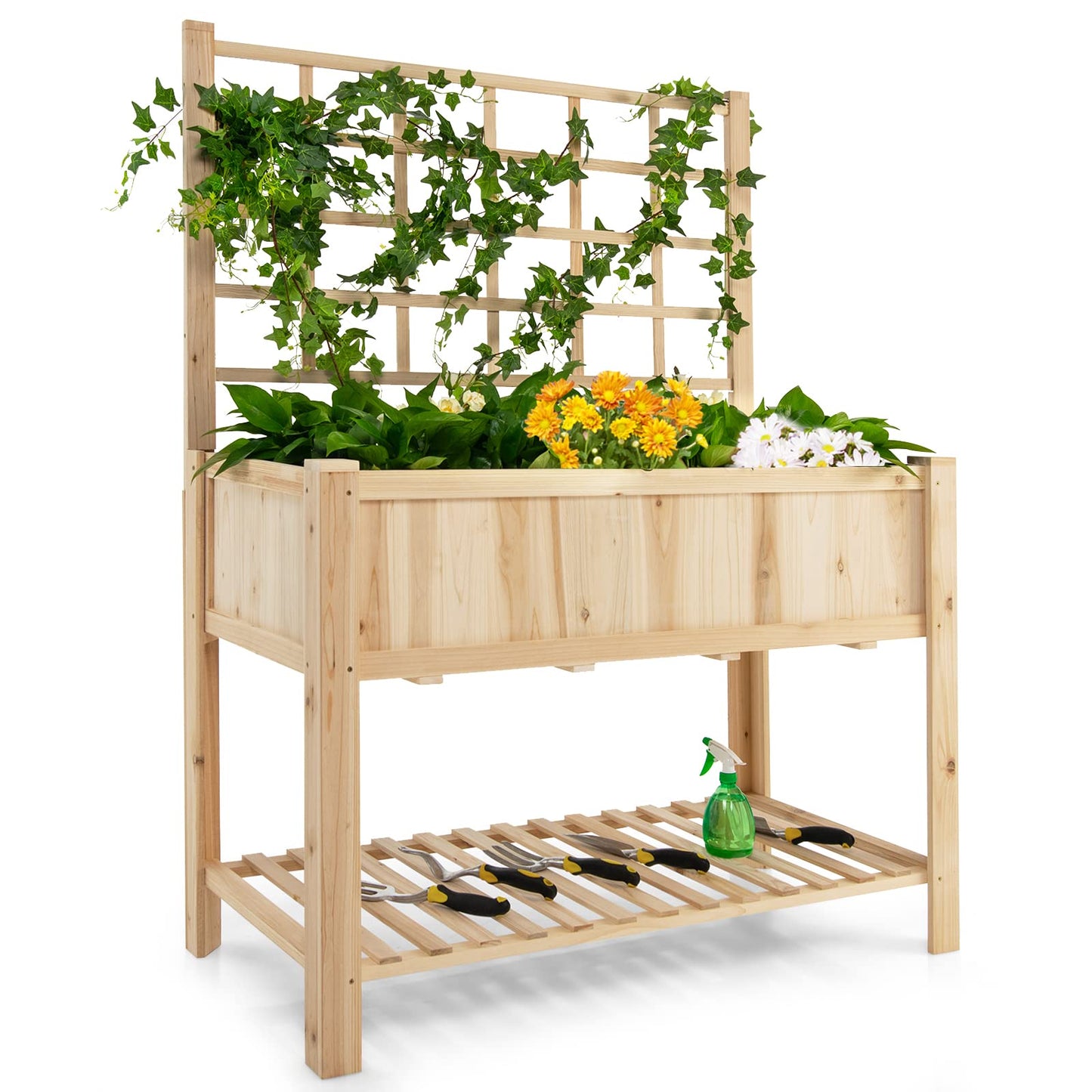 Giantex Wood Planter with Trellis, Standing Raised Garden Bed, Liner Storage Shelf, Elevated Plant Box Stand for Climbing Flower Vegetable Herb, Indoor Outdoor Patio Lawn Balcony