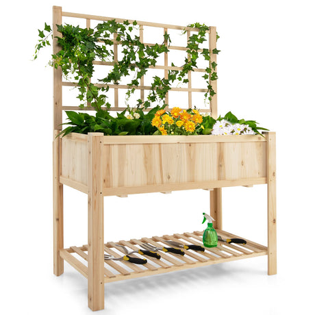 Giantex Wood Planter with Trellis, Standing Raised Garden Bed, Liner Storage Shelf, Elevated Plant Box Stand for Climbing Flower Vegetable Herb, Indoor Outdoor Patio Lawn Balcony Giantex