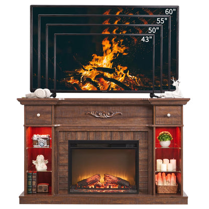 IFBUY 54" Farmhouse Electric Fireplace with Mantel, 33" Tall LED Fireplace TV Stand w/7 Lighting Colors, 23'' Freestanding Electric Fireplace Heater, Open Adjustable Shelves & Drawers, Brown