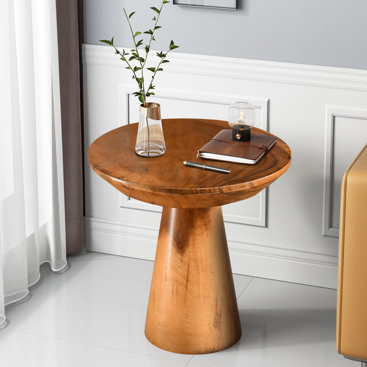 JOLLYMER Mushroom Side Table, Teak Stool, Natural Plant Stand, 14" Tall Wood Round Coffee Table for Living Room, Bedroom, Garden, Yard JOLLYMER