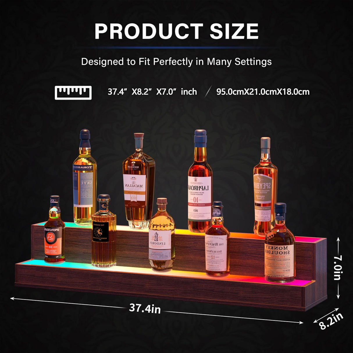 Cubehom LED 38 Inch Bar Display Shelf, DIY Illuminated Bottle Shelf with App & Remote Control, 2 Step Freestanding Holding Bottles for Home Bar, Party, Walnut Cubehom