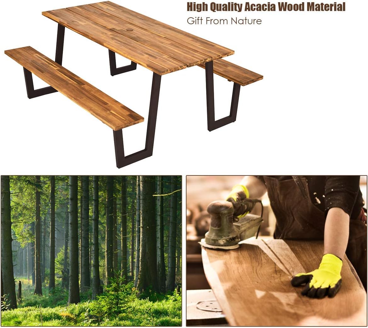 LDAILY Picnic Table, 70’’ x 30’’ Outdoor Wood Dining Table Set with Bench, 2" Umbrella Hole, 1600 LBS Max Load, Metal Frame Picnic Tables for Outdoors 6-8 Persons in Party, Garden, Yard, Patio, Lawn LDAILY