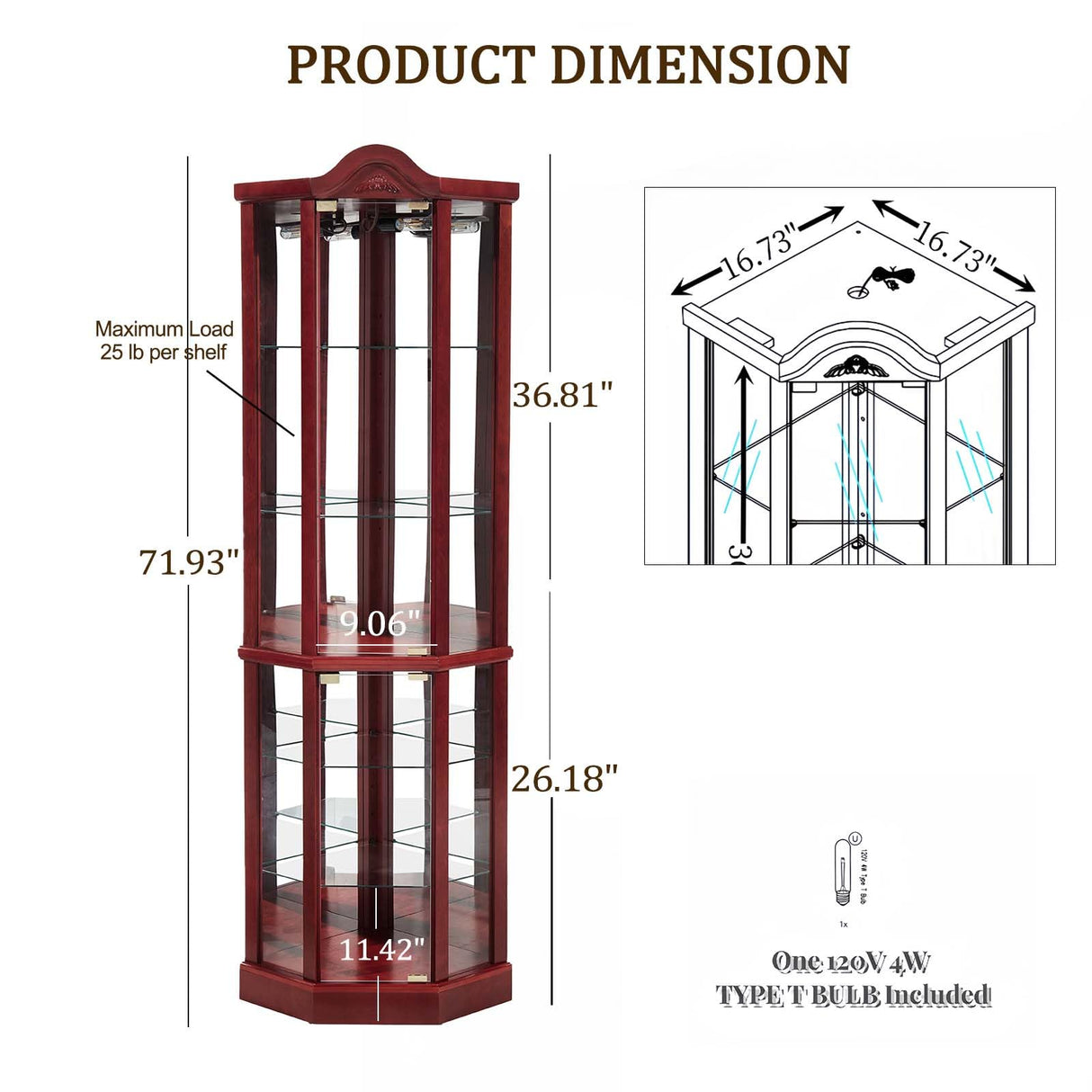 Firscook Curio Cabinet,Lighted Wooden Corner Curio Cabinet,Glass Display Curio Cabinet with Tempered Glass Doors and Shelves,6-Layer Wood Corner Cabinet, Glass Display Cabinet for Living Room(Cherry) Firscook