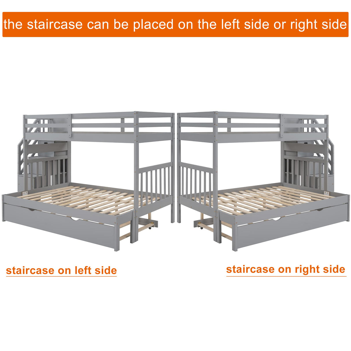 Harper & Bright Designs Stairway Twin Over Twin/Full Bunk Bed with Twin Size Trundle and Drawers, Solid Wood Bunk Bed Staircase Can be Placed on The Left or Right Side (Grey) Harper & Bright Designs