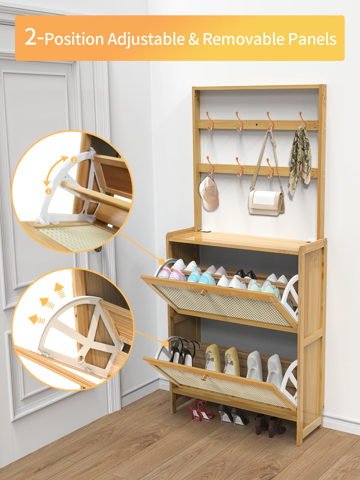 Maiproo Bamboo Shoe Cabinet Rattan with Hanging Rack Hidden Shoe Storage Cabinet Narrow Wood Freestanding Organizer with 2 Flip Drawers Adjustable Panel for Entryway Hallway Light Brown Maiproo