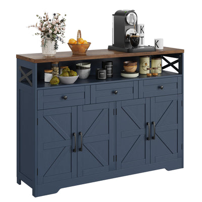 Befrases Farmhouse Buffet Cabinet with Drawers & Open Shelf, Sideboard with Storage, Kitchen Pantry Cabinet Hutch, Coffee Bar Station for Kitchen, Livingroom, 52" L Blue