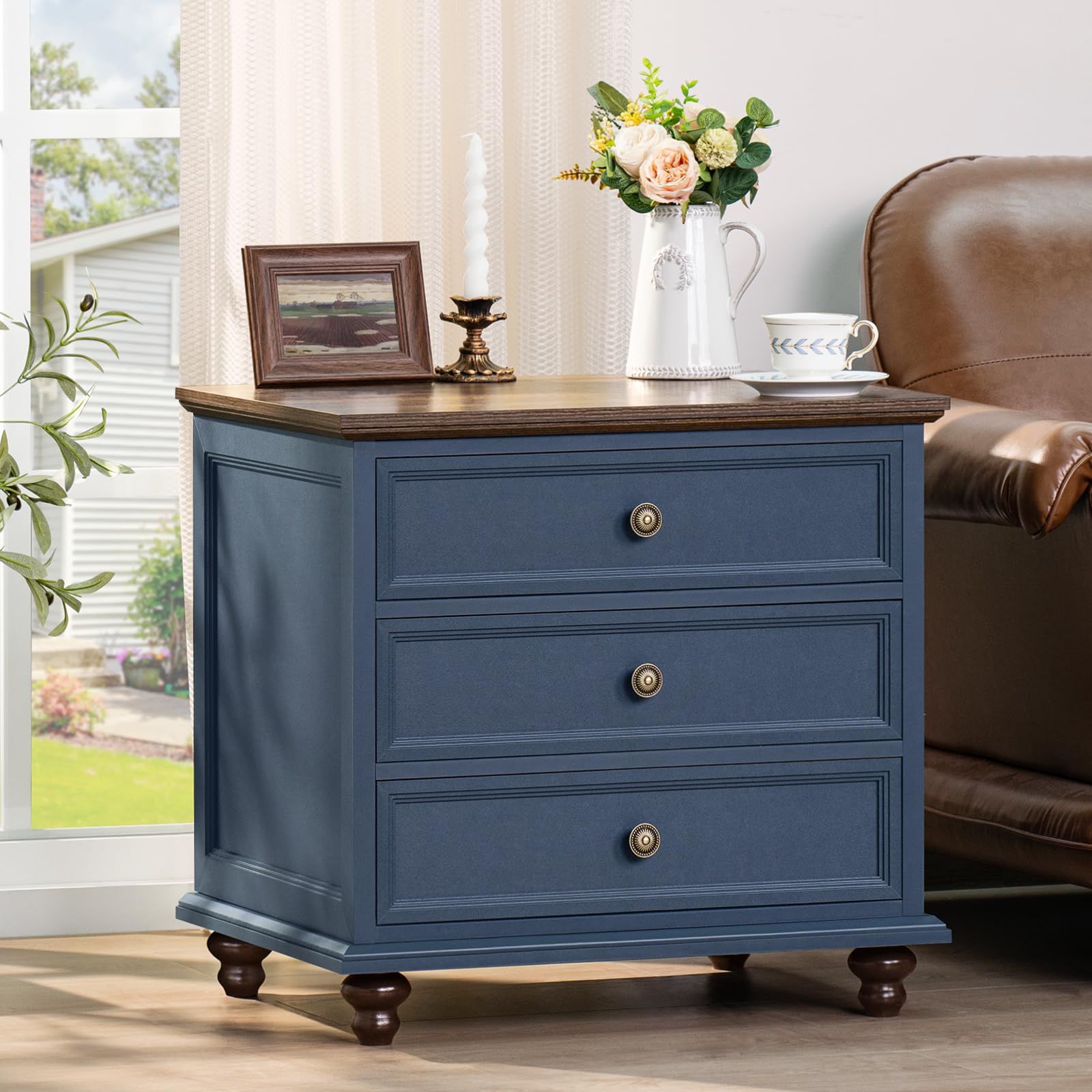 Joaxswe 24" Wide Farmhouse Night Stand Set of 2,Large End Table with 3 Drawers & Metal Handle,Blue Dresser for Bedroom,Bed Side Table Chest of Drawers Cabinet,Wood Nightstand for Living Room, - WoodArtSupply