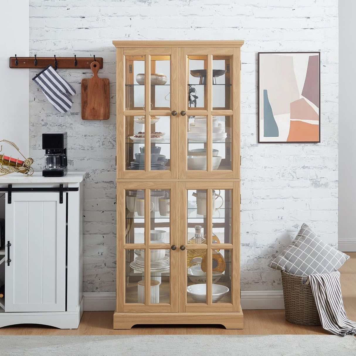 Eyisean Lighted Display Curio Cabinet 69" H China Cabinet with 4 Glass Doors, 6 Shelves, Freestanding Glass Display Cage Wine Cabinet Storage Rack for Bar and Liquor Storage (Oak) Eyisean