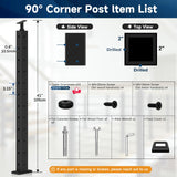 Gyykzz 42" Corner Post Cable Railing, 90° L-Drilled Black Corner Post with Cable Grommet, T304 Stainless Steel Cable Handrail Angle Post, Adjustable Top Metal Corner Post for Deck Railing System Gyykzz