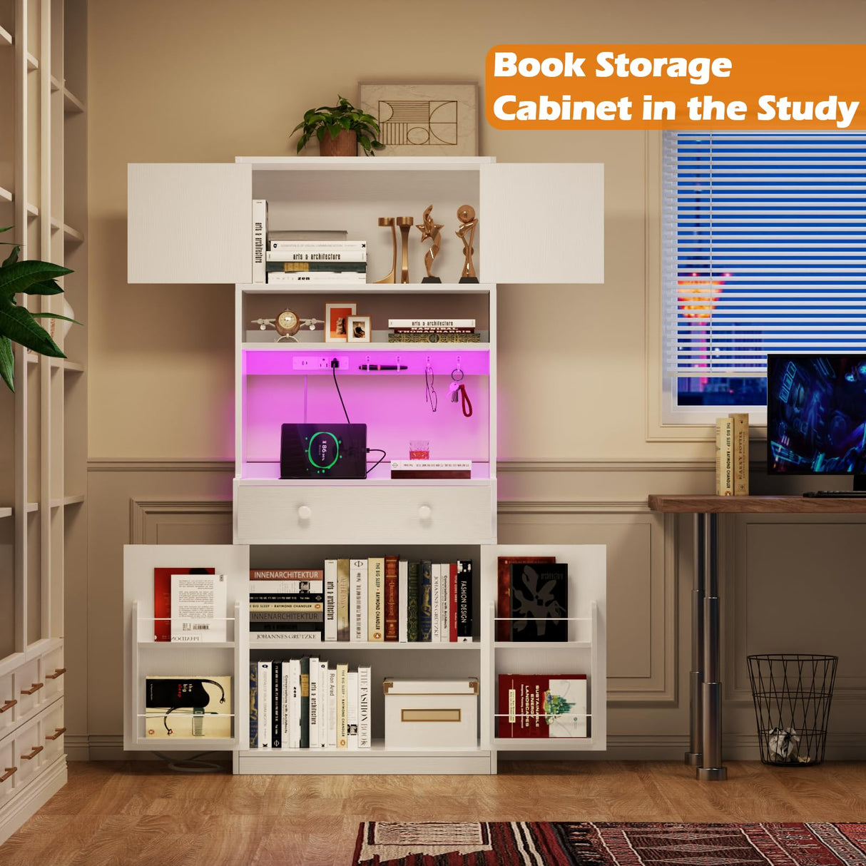 Korfile 71" Tall Food Pantry Cabinet with Power Outlet LED Light, Kitchen Storage Cabinet with 4 Doors, Hutch with Microwave Stand, Cupboard with Drawers for Kitchen, Dining Room, White Korfile