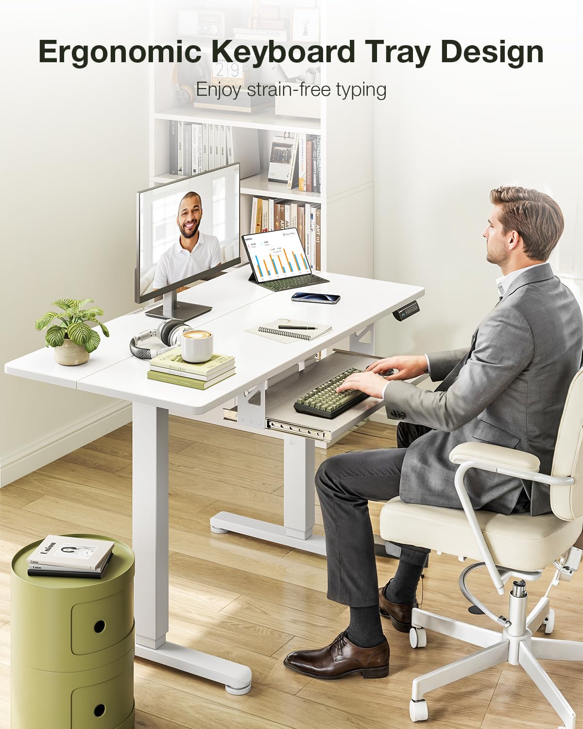 Casaottima Electric Standing Desk with Keyboard Tray, 40 Inch Height Adjustable Small Table, Sit Stand Table, Writing Computer Desk for Home, Office, Workstation, White Casaottima