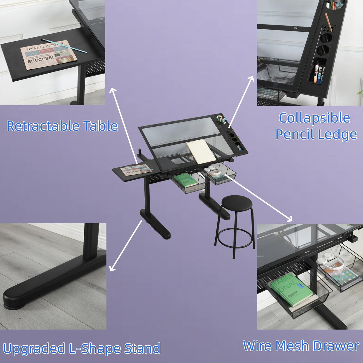 Upgraded Drafting Table with Stool, Painting Table Hand Crank Adjustable Drawing Desk with Drawers, Tiltable Glass Tabletop Diamond Painting Table, Multifunctional Drawing Tables for Artists & Reader KUTOLAKI