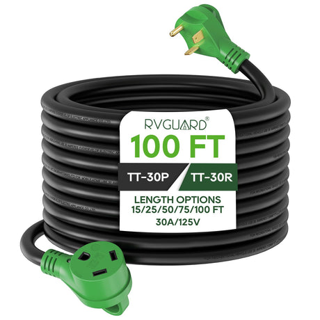 RVGUARD 30 Amp 100 Foot RV Extension Cord, Heavy Duty 10/3 Gauge STW Cord with LED Power Indicator and Cord Organizer, TT-30P/R Standard Plug, Green, ETL Listed RVGUARD