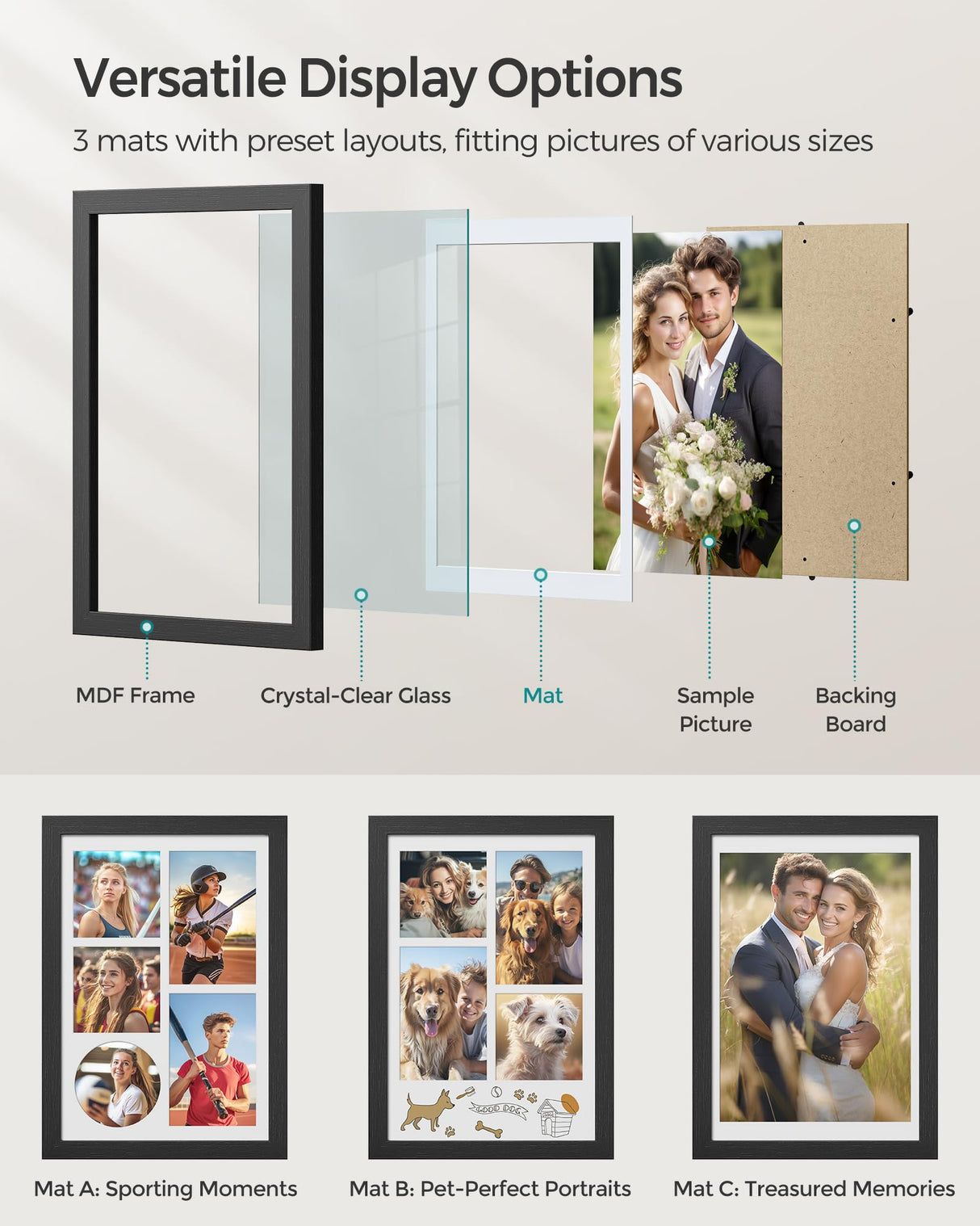 SONGMICS A4 Picture Frame Collage for Wall Decor, Set of 2, 4x6 Multi Photo Frame for Desk, 8x10, 8x12 or 4x4 Photos with 6 Mats, 9x12 Without Mat, Glass Front, 3 Non-Trace Nails, Ash Black SONGMICS