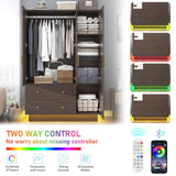 3 Door Wardrobe Closet with Mirror & LED Lights, Bedroom Armoire with Drawers & Shelves, Farmhouse Wooden Armoire Wardrobe Closet with Hanging Rod for Bedroom, Brown jiteentarou