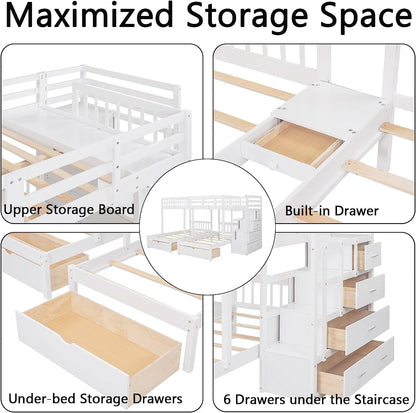 Harper & Bright Designs Triple Bunk Beds with Drawers, Wood Full Over Twin & Twin Bunk Bed with Storage Staircase, Triple Bed for Kids,3 Bed Bunk Beds with Storage for Girls Boys,White