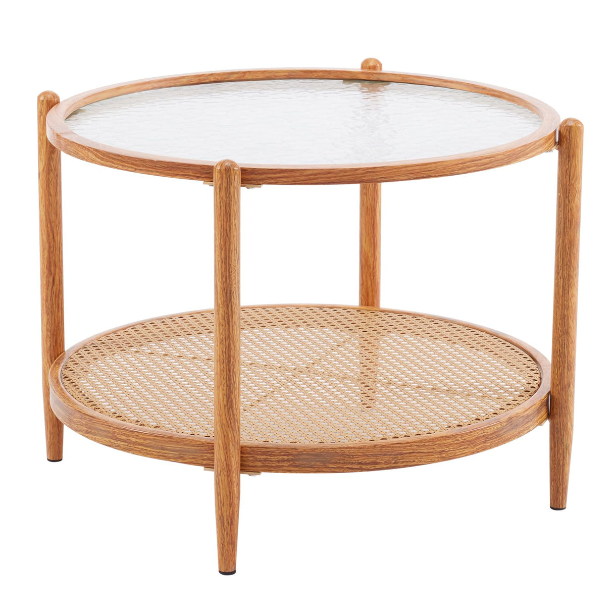 VINGLI 25.6" Rattan Coffee Table, Round Water-Wave Glass Metal Center Table, Modern Coffee Table with 2-Tier Storage, Farmhouse Circular Coffee Table for Living Room and Small Space, Natural Vibe VINGLI