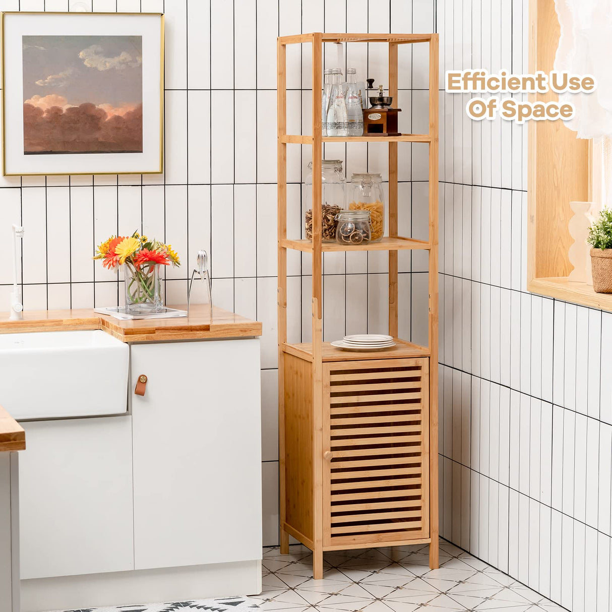 Giantex 4-Tier Bamboo Storage Cabinet with Shutter Door - Compact Freestanding Corner Rack in Natural Finish Giantex