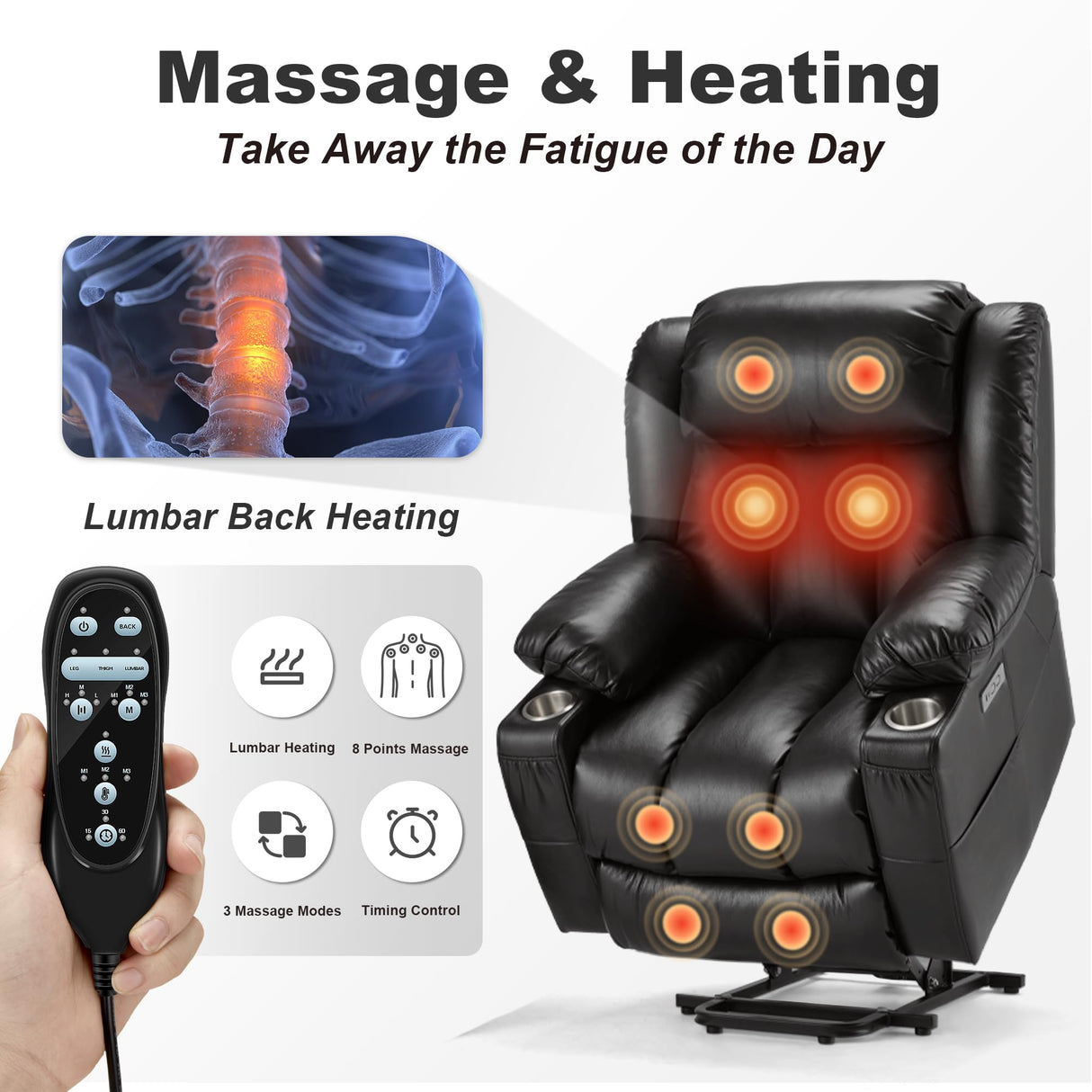 Outspurge Power Lift Recliner Leather Chair Sofa with Massage & Heat, Lazy Boy Chair with Cup Holders, USB & Type-C Ports, Remote Control (Black) Outspurge