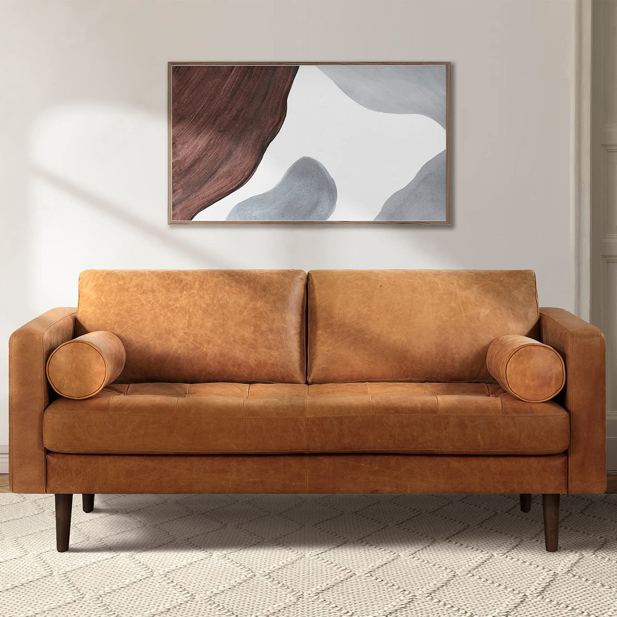 POLY & BARK Napa Leather Couch with Feather – 72-Inch Apartment Full Grain Leather Sofa with Tufted Back-Down Topper On Seating Surfaces – Pure-Aniline Italian Leather – Cognac Tan POLY & BARK