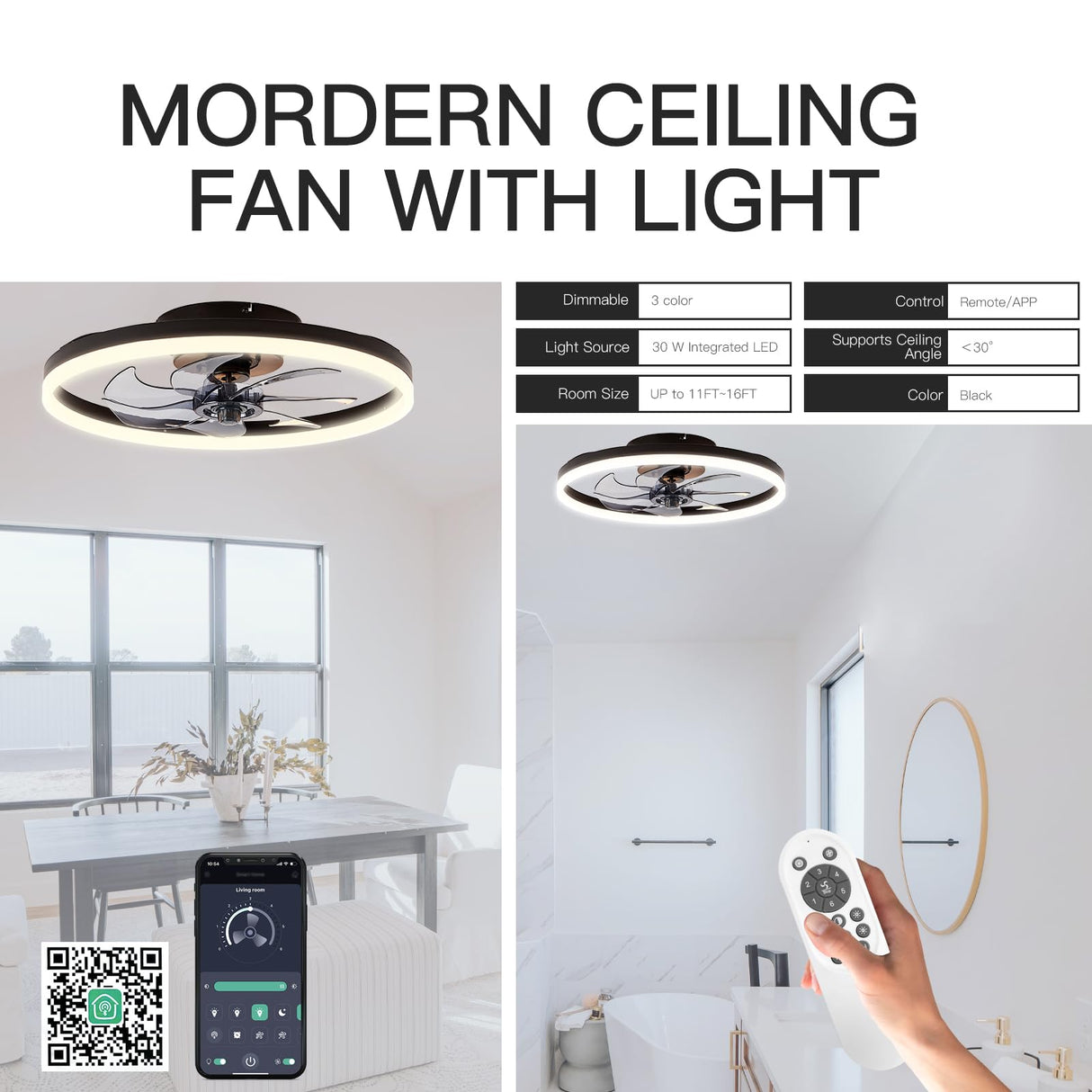 STERREN 20'' Modern Low Profile Ceiling Fan with Light, Bedroom LED Ceiling Fan with Remote Control, Bladeless Flush Mount Black Fan Lights Ceiling Fixtures for Living Room,Small Room STERREN