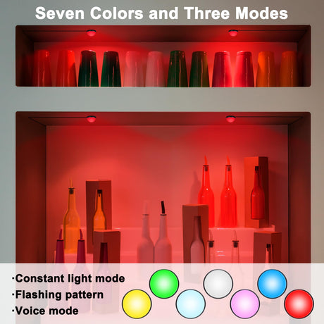 4 Pack RGB Shelf Lights, Wired Display Lights with Memory Function, Plug-in Bookshelf Lighting, Color Changing Under Shelf Lighting, RGB Puck Lights for Shelf/Cabinet/Display Case, Button Control JUSJUBR