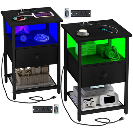 HDDDZSW LED Nightstands set of 2 with Charging Station, Bedside Tables with USB Ports and Outlets, End Table with Fabric-Wood 2-in-1 Drawer for Small Spaces, Black Side Table for Bedroom, Living Room HDDDZSW