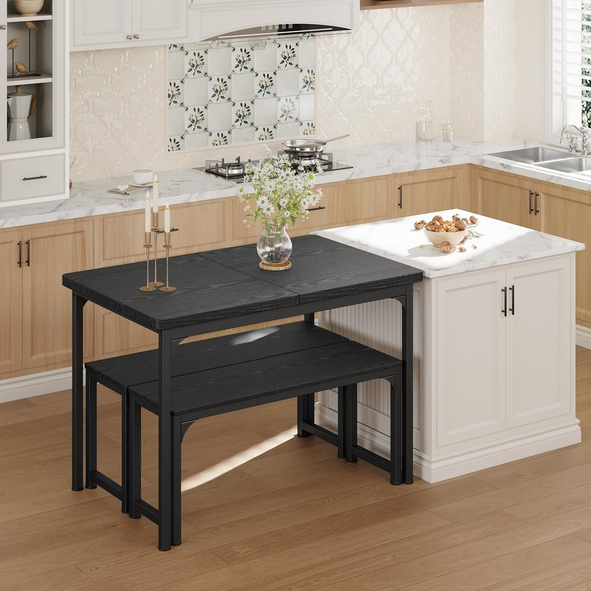 Gizoon Extendable Dining Table Set for 4,Kitchen Table Set with 2 Benches for Small Space,Apartment,Black Gizoon