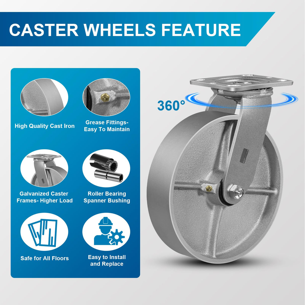 FOVERSWIVE 8"x2" Industrial Casters- Heavy Duty Casters, Cast Iron Wheel,Steel Casters Set of 4 Capacity up to 6000 Lb. Use for Platform Truck, U-Boat Cart,Workbenche(2 Swivel & 2 Rigid) FOVERSWIVE