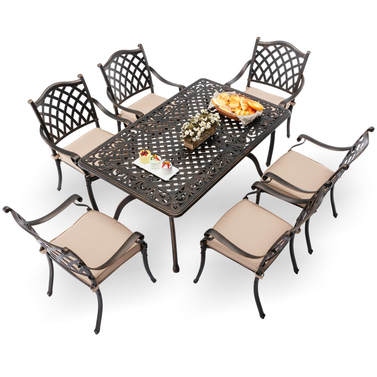 AIWOEN 7-Piece Cast Aluminum Patio Furniture, Patio Dining Set for 6 Include 59" Rectangular Outdoor Dining Table and 6 Stackable Chairs with Cushions & Umbrella Hole (Bronze) AIWOEN