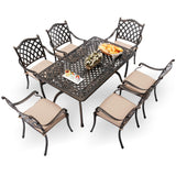 AIWOEN 7-Piece Cast Aluminum Patio Furniture, Patio Dining Set for 6 Include 59" Rectangular Outdoor Dining Table and 6 Stackable Chairs with Cushions & Umbrella Hole (Bronze) AIWOEN
