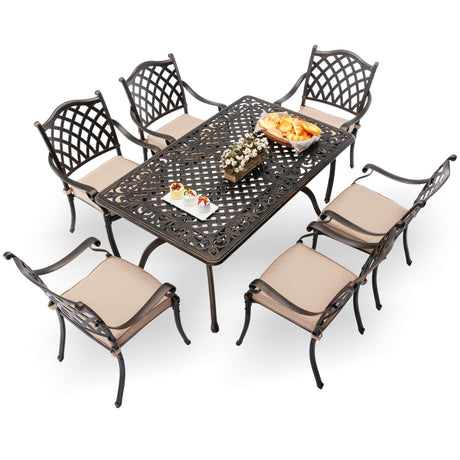 AIWOEN 7-Piece Cast Aluminum Patio Furniture, Patio Dining Set for 6 Include 59" Rectangular Outdoor Dining Table and 6 Stackable Chairs with Cushions & Umbrella Hole (Bronze) AIWOEN