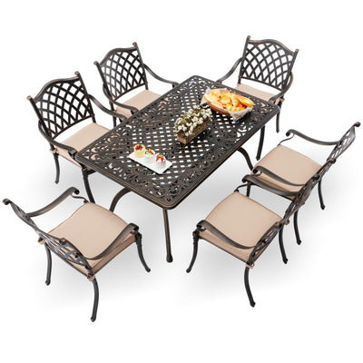 AIWOEN 7-Piece Cast Aluminum Patio Furniture, Patio Dining Set for 6 Include 59" Rectangular Outdoor Dining Table and 6 Stackable Chairs with Cushions & Umbrella Hole (Bronze)