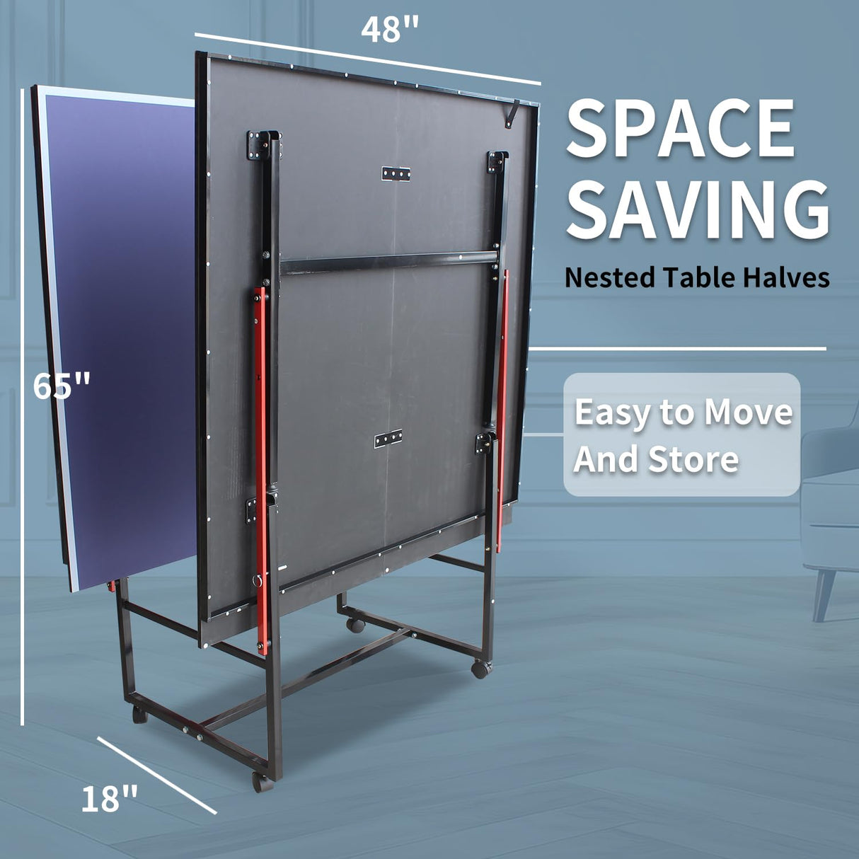 AOKUNG Blue Folding Rolling Table Tennis Table Indoor and Outdoor Table Tennis Table, 2 Rackets, 3 Balls, 1 Net and 4 Wheels Set Behind It for Easy Movement AOKUNG