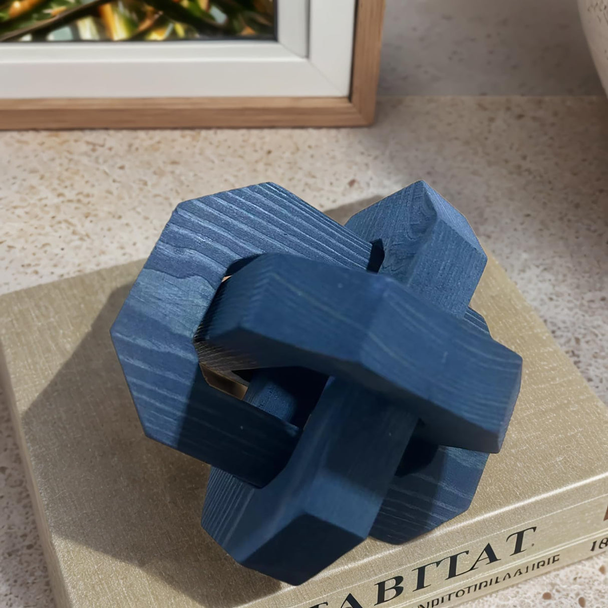 GUDAGUU Coffee Table Decor -3 Link Wood Knot Decor Farmhouse Wood Chain Link Decor Shelf Decor Table Books Hand Carved Artistic Home Decoration for Modern Boho Shabby Homestay (Navy Blue) GUDAGUU