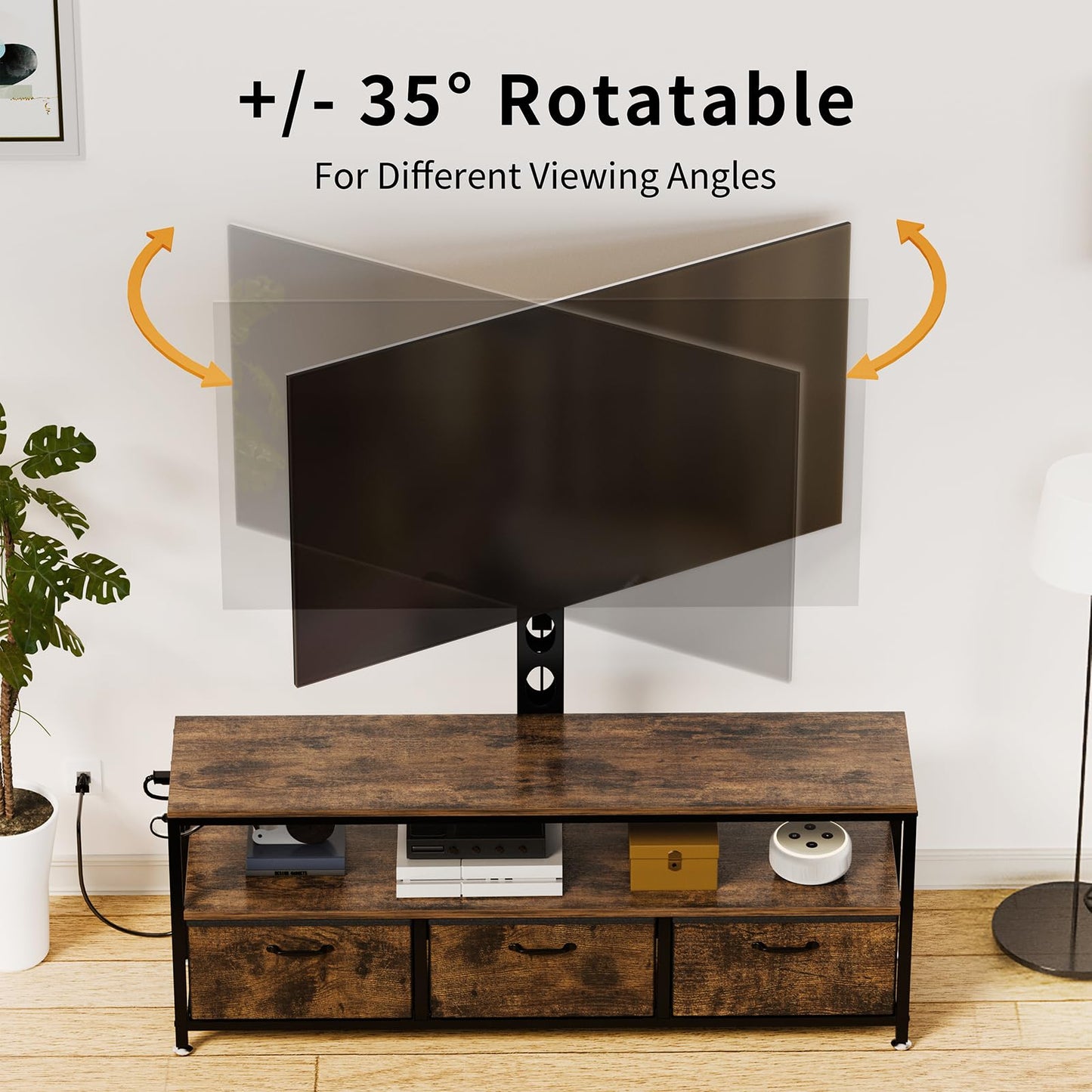 JUSTOGO TV Stand with Mount and Power Outlet, TV Stand with Drawers Storage for Living Room Bedroom, LED Entertainment Center for 45/55/60/65 inch TVs, Height Adjustable Media Console, Rustic