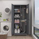 GREATMEET Broom Closet,Broom Closet Storage Cabinet,Metal Garage Storage Cabinet with Lock, Lockable Laundry Room Storage Cabinets,Utility Closet,Broom and Mop Storage Cabinet,Grey 73" H GREATMEET