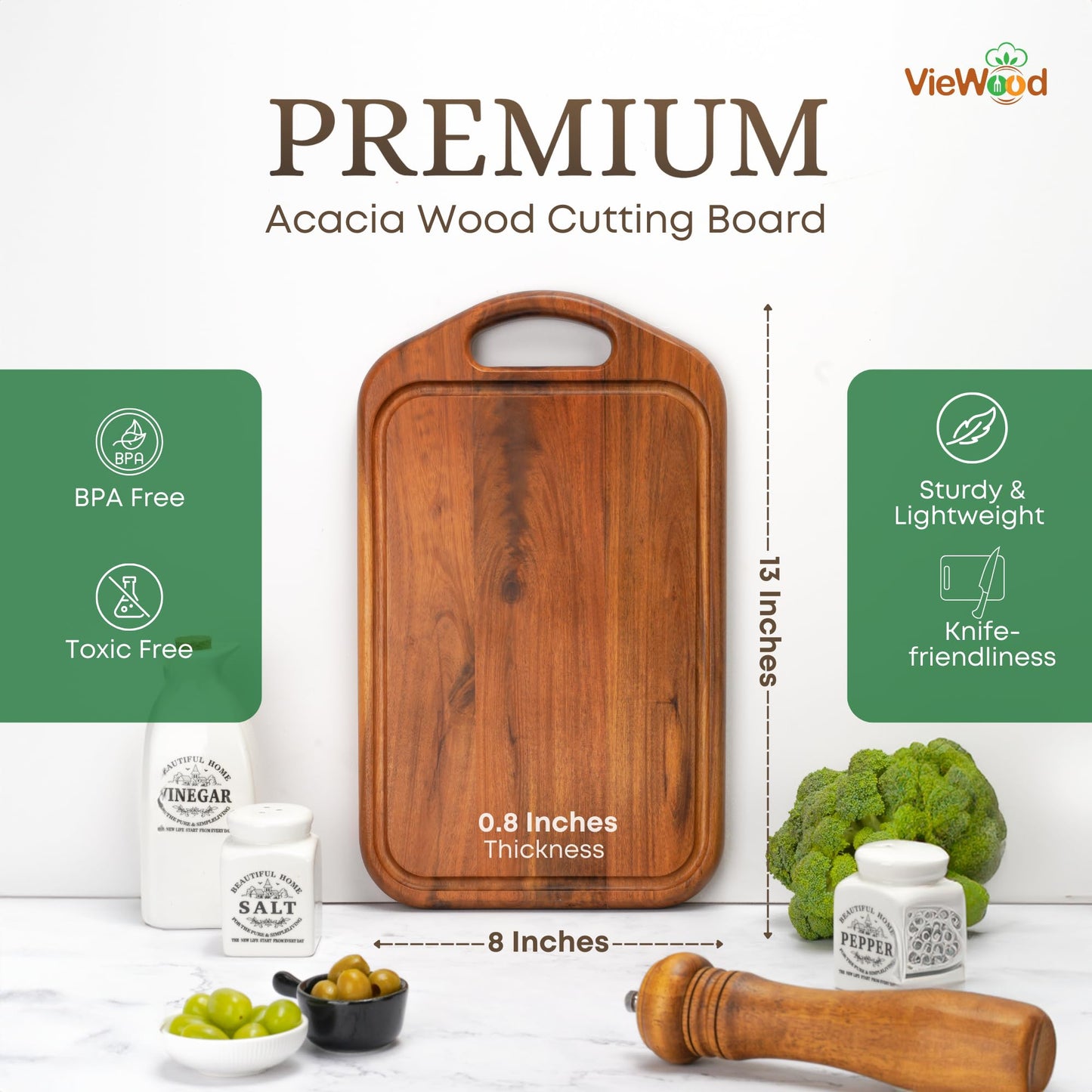 VieWood Acacia Wood Cutting Board with Juice Groove, Hanging Hole & Grip Handle for Meat, Vegetables and Cheese, Knife Friendly, Caperci Better Wood Chopping Board