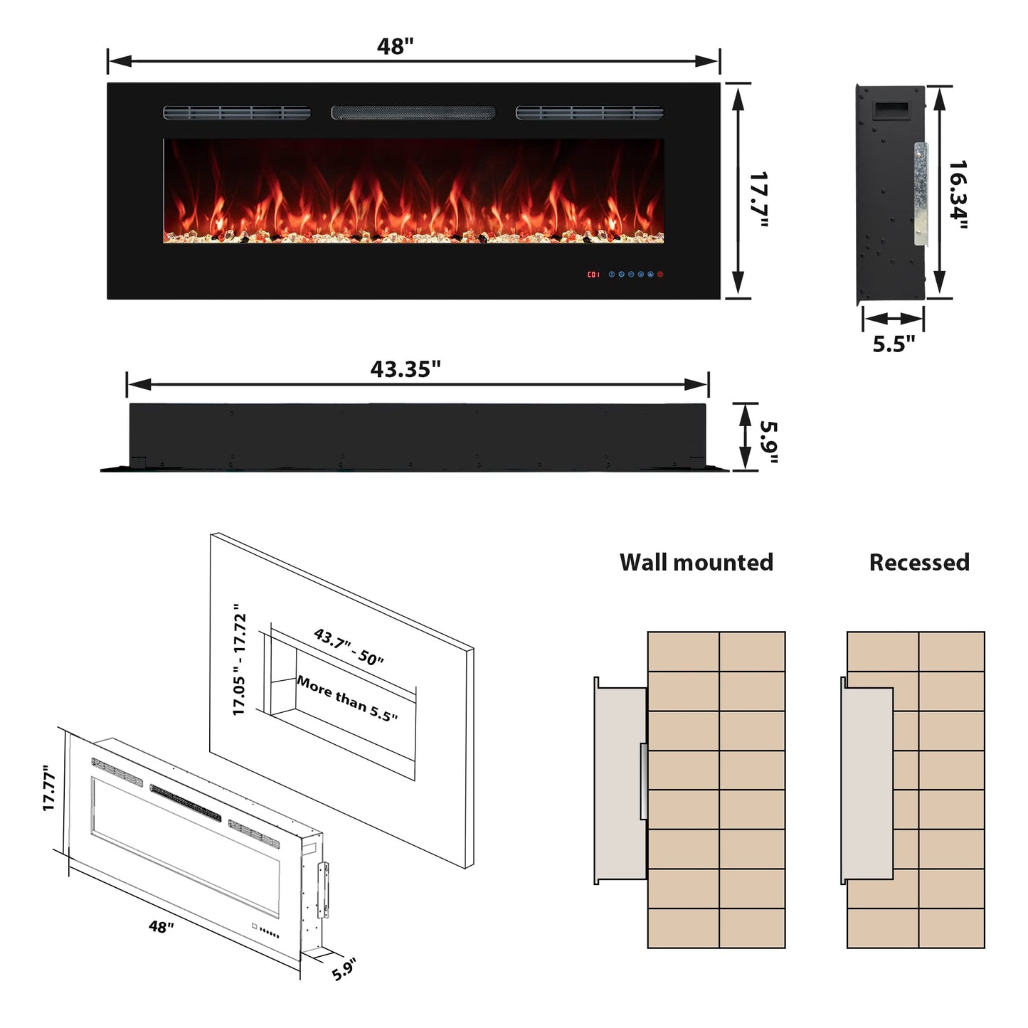 VINEMOUNT 48'' Electric Fireplaces Inserts, Recessed & Wall-Mounted Fireplace Heater with Thermostat, Multicolor Flames,Timer, Log & Crystal, 750/1500W, Black