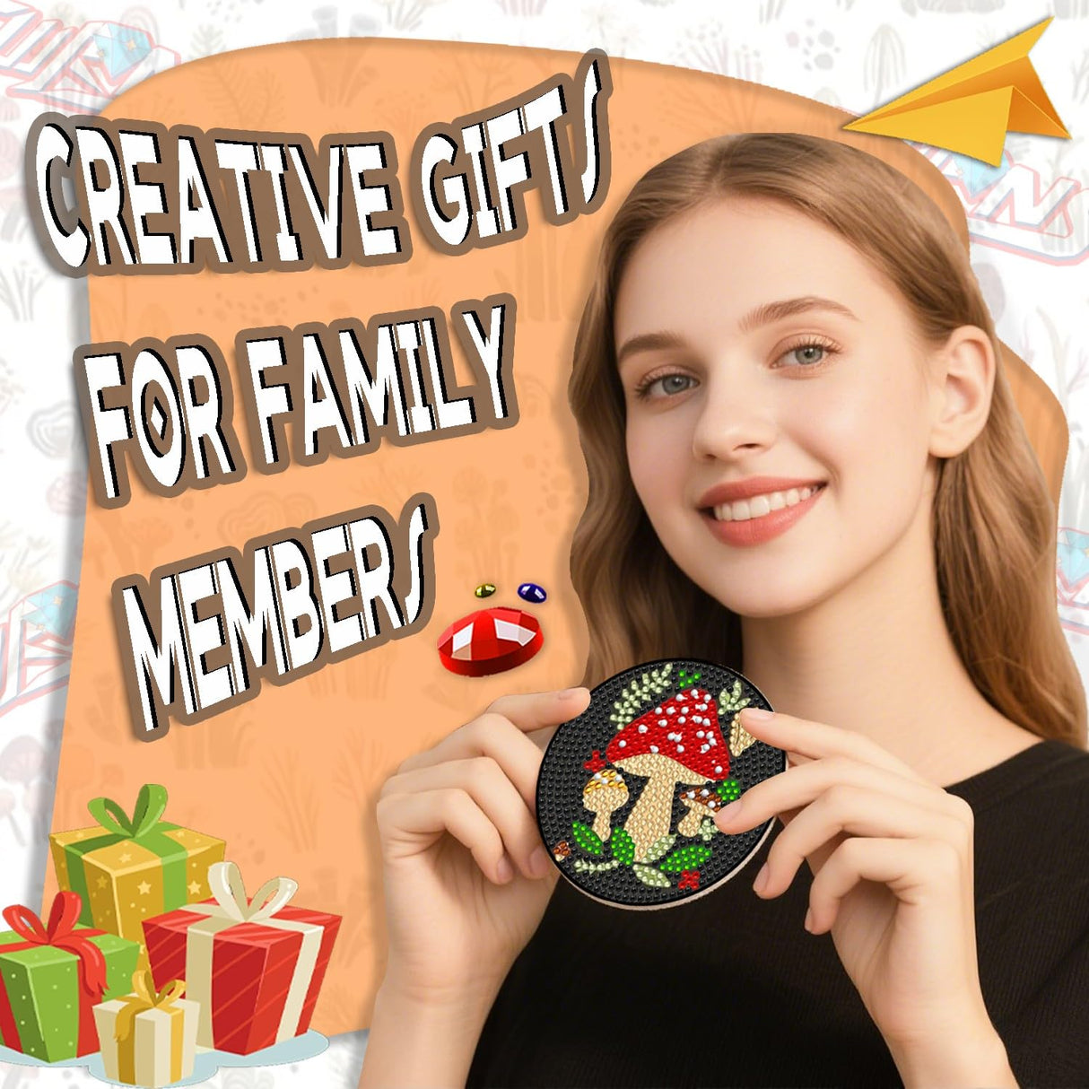 EWJRNSF 6 PCS Small Diamond Art Coasters Kits, Diamond Painting, Fall Diamond Art Kits for Adults Beginners, Arts and Crafts Item Sets with Holder for Drinks Mushroom EWJRNSF