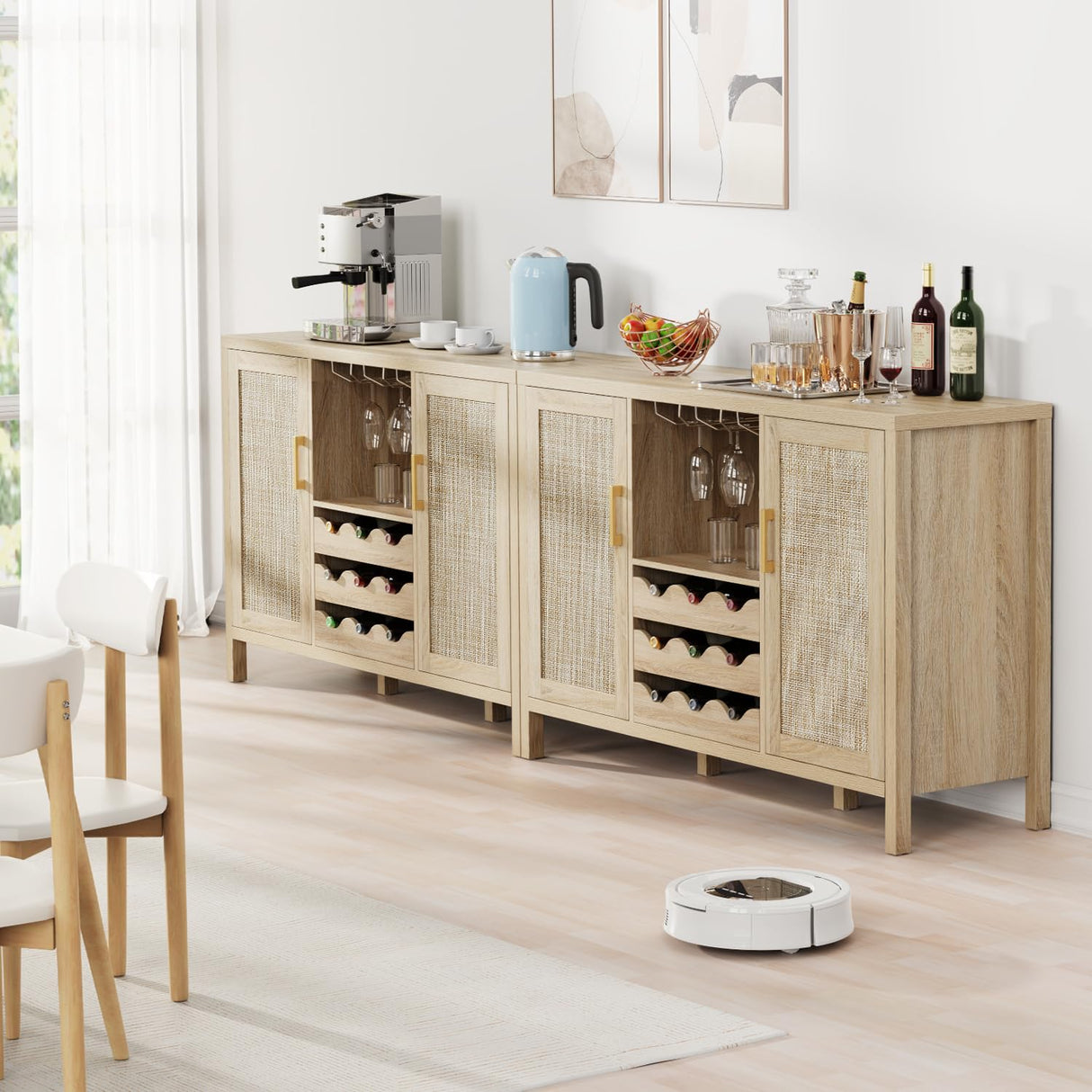 OTUTUMUS Rattan Wine Bar Cabinet, Boho Rattan Home Wine Bar Cabinet with Glass Holder and Drawer Style Wine Racks, Oak Sideboard Buffet Storage Cabinet for Living Dining Room Kitchen OTUTUMUS