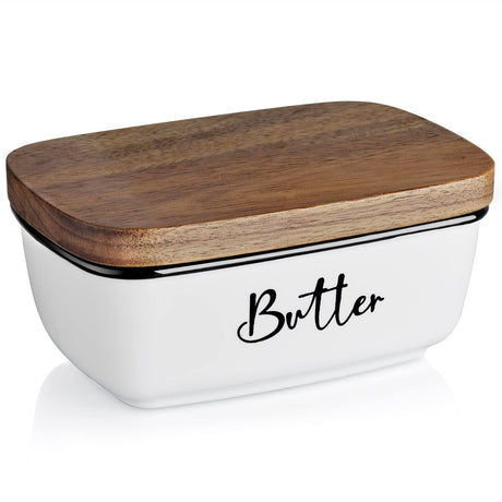 Butter Dish with Lid, ALELION Large Ceramic Butter Dish for Countertop, Butter Keeper with Thick Acacia Wood Lid, Kitchen Decor and Accessories for Kitchen Gifts, White ALELION