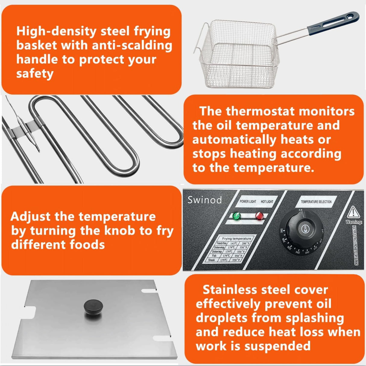 Commercial Deep Fryer with Basket for Restaurant or Home Use, Detachable Large Capacity Stainless Steel Countertop Electric Oil Fryer with Temperature Control Swinod