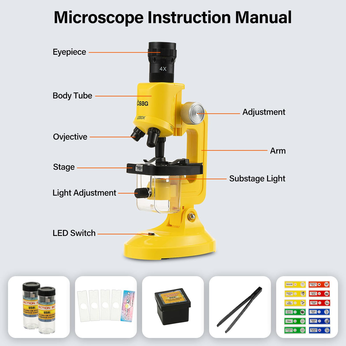 Science Kits for Kids Beginner Microscope with LED 100X 400X and 1200X-Include Sample Prepared Slides 12pc- Educational Toy Birthday Gift Yellow Little World